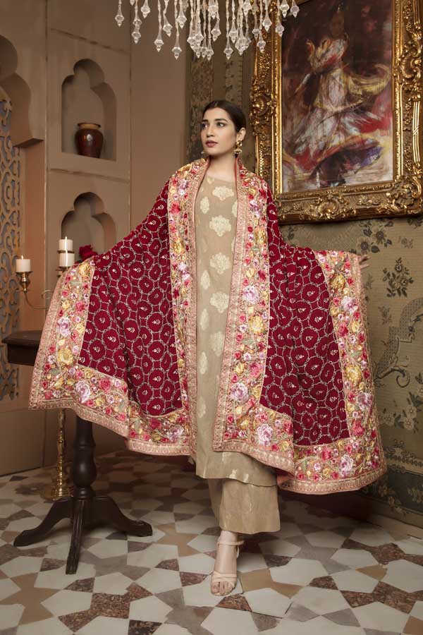 Burgundy - Embroidered Velvet Shawl â Adan's Libas