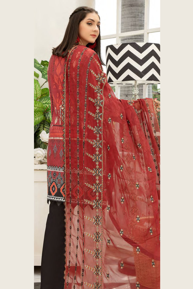 Red Phlox - Digital Printed and Embroidered Suvic Chiffon
