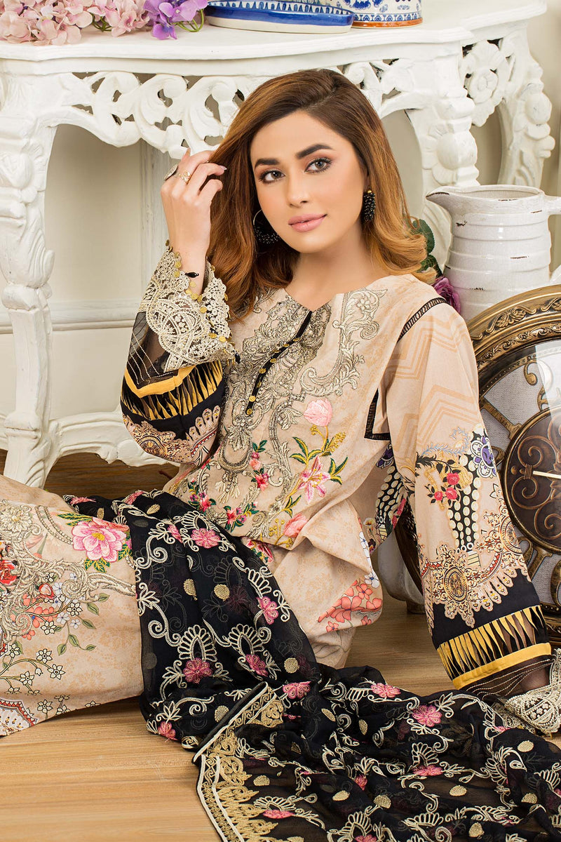 Burly Wood - Digital Printed & Embroidered Swiss Lawn