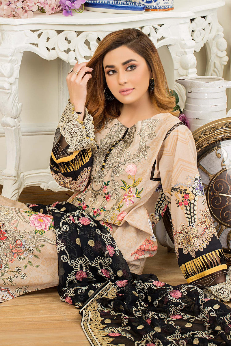 Burly Wood - Printed & Embroidered Swiss Lawn Stitched