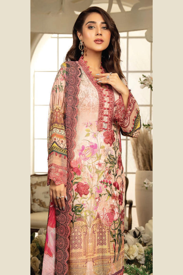 Soft Flowery - Digital Printed & Embroidered Swiss Voil 3PC