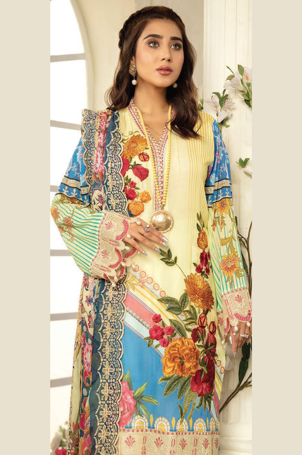 Beige - Digital Printed & Embroidered Swiss Voil 3PC
