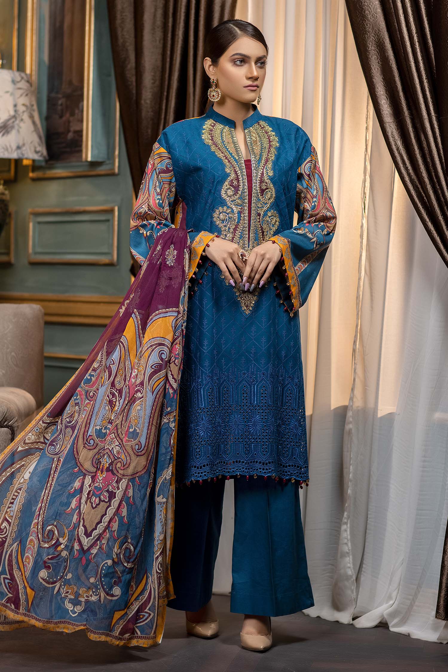 Prussian Blue - Stitched Printed & Embroidered Lawn