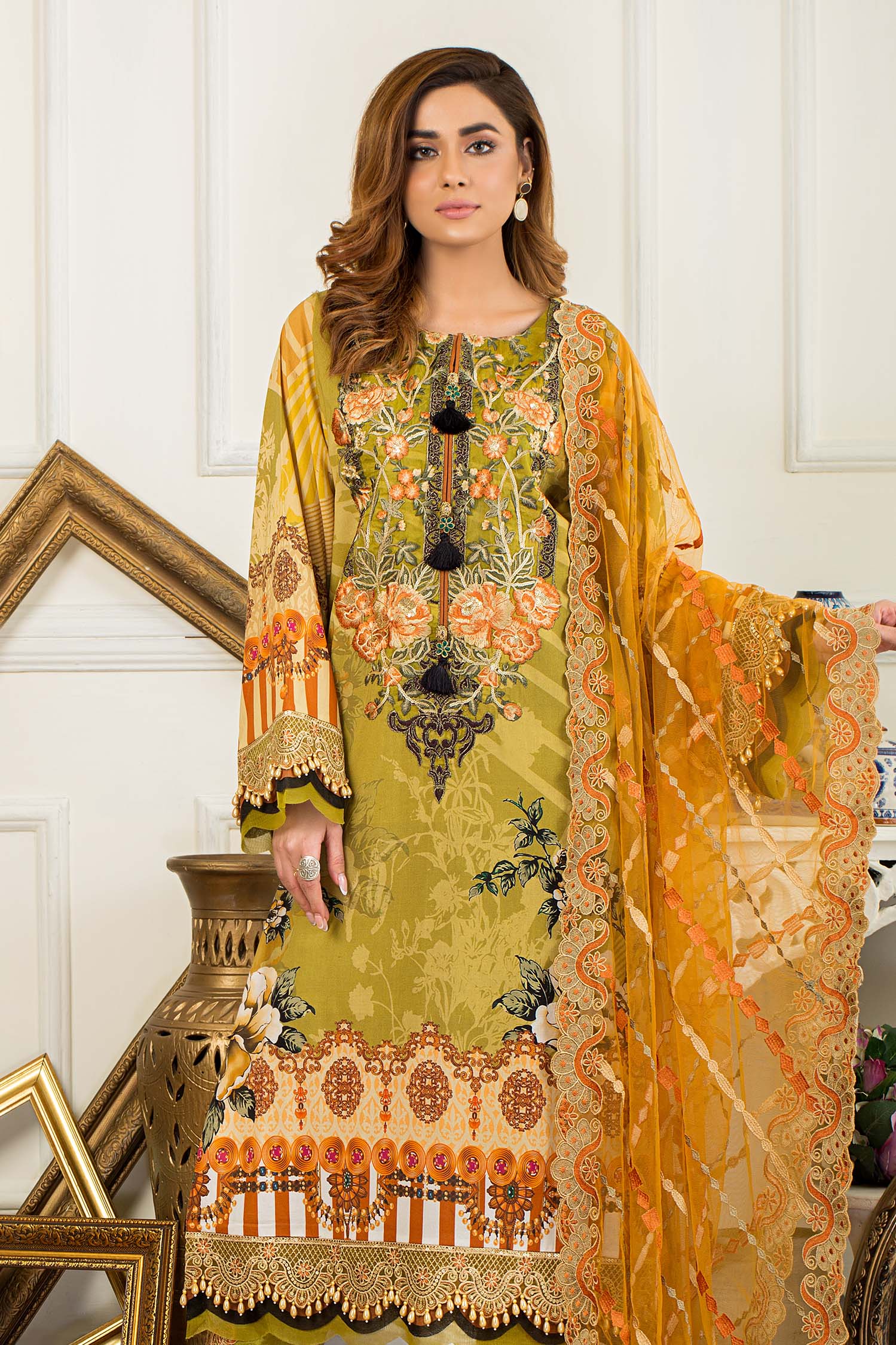 Luxor Gold - Printed & Embroidered Swiss Lawn Stitched