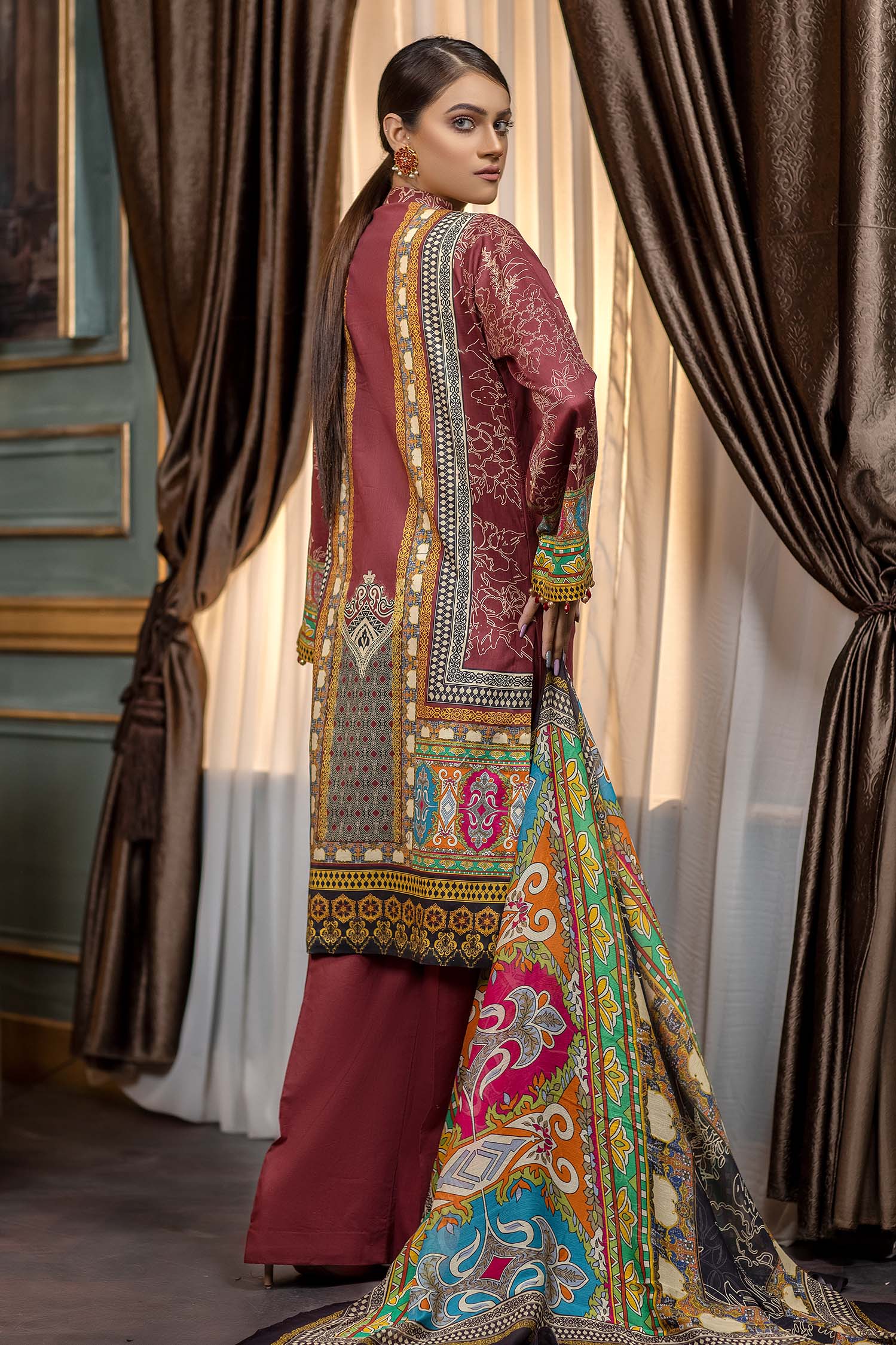 Dark Sienna - Embroidered & Printed Lawn