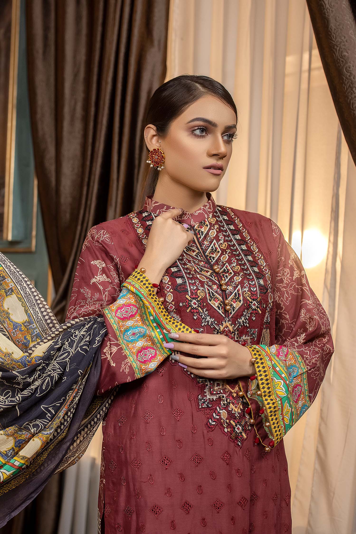 Dark Sienna - Embroidered & Printed Lawn