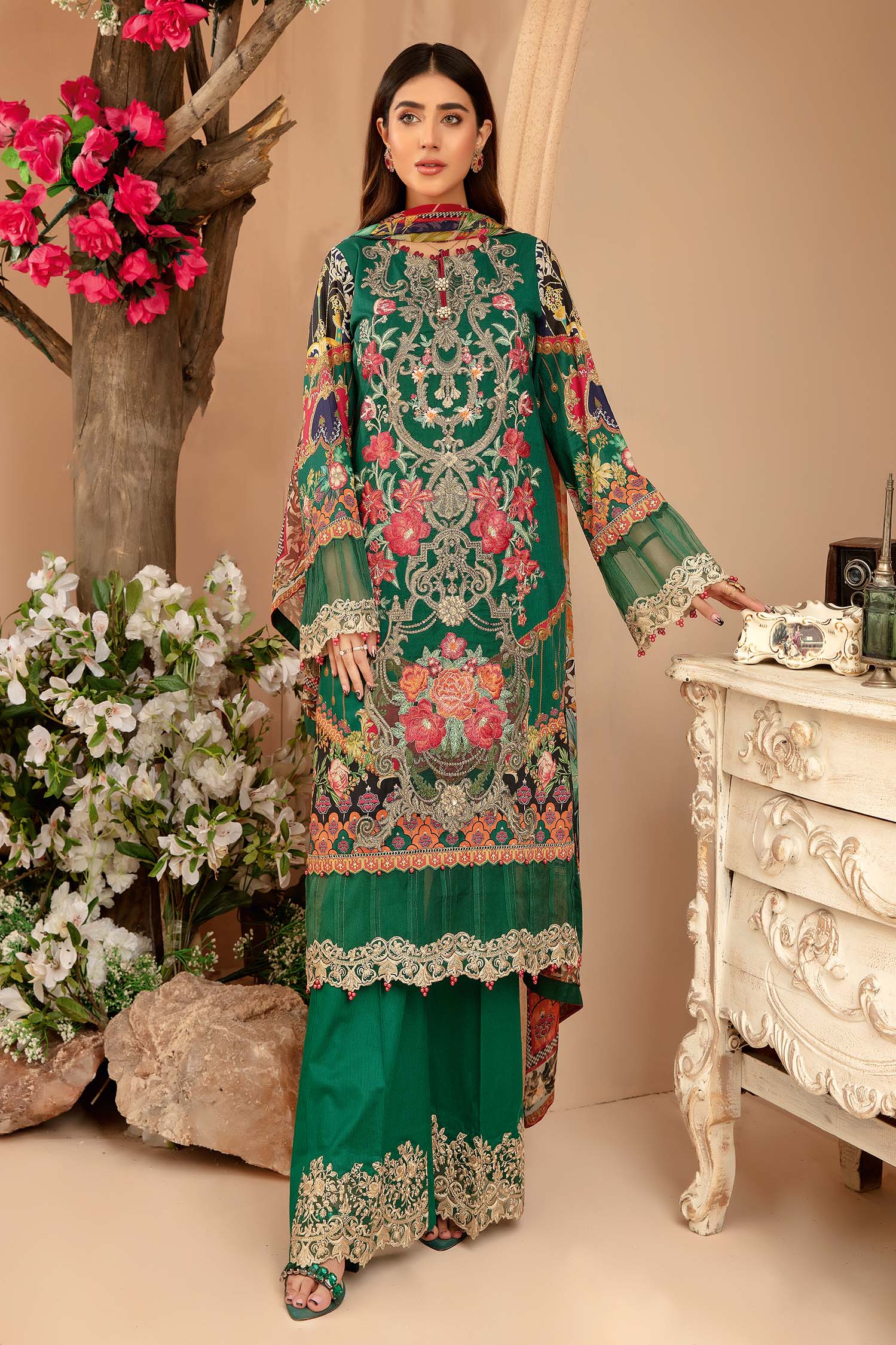 Blooming Floral - Digital Printed & Embroidered 3PC