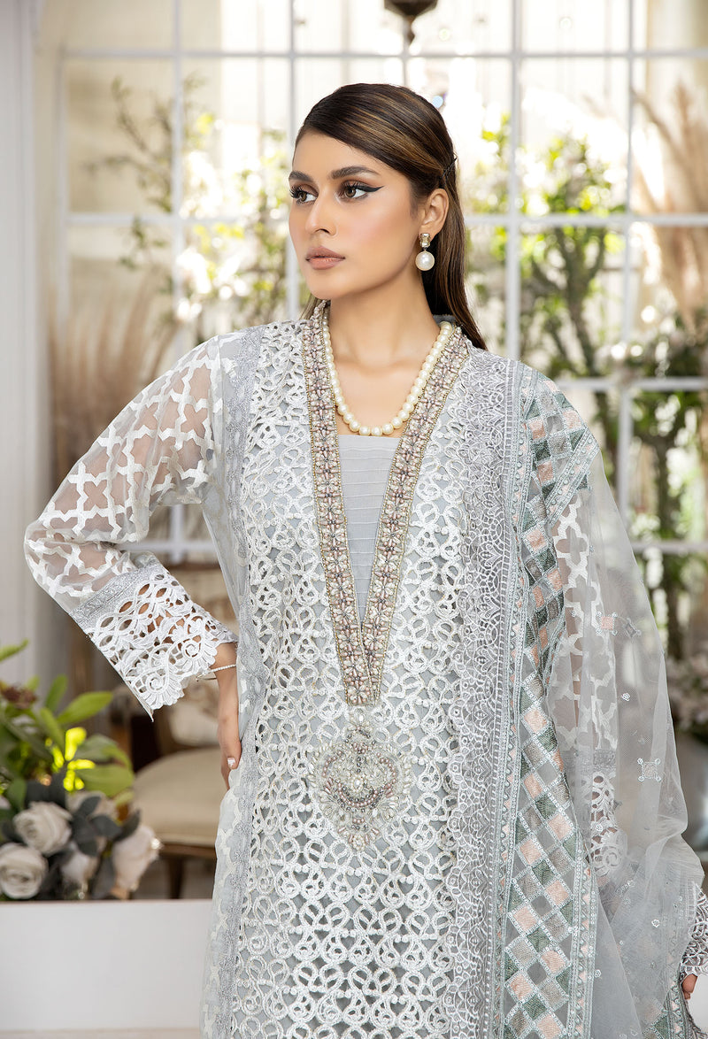Quill Grey - Embroidered Organza Pret