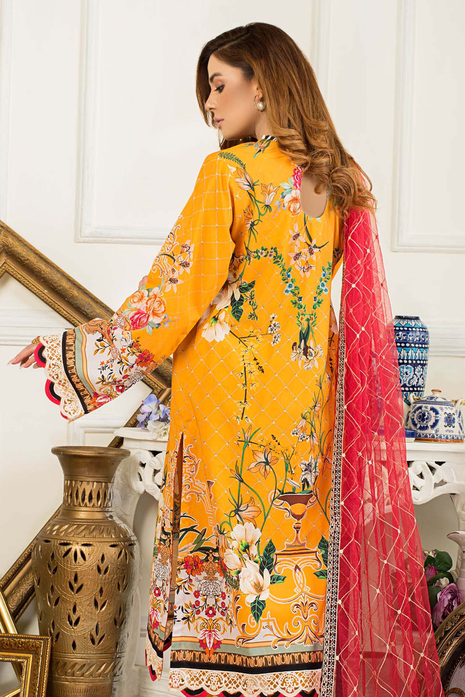 Deep Saffron - Printed & Embroidered Swiss Lawn Stitched