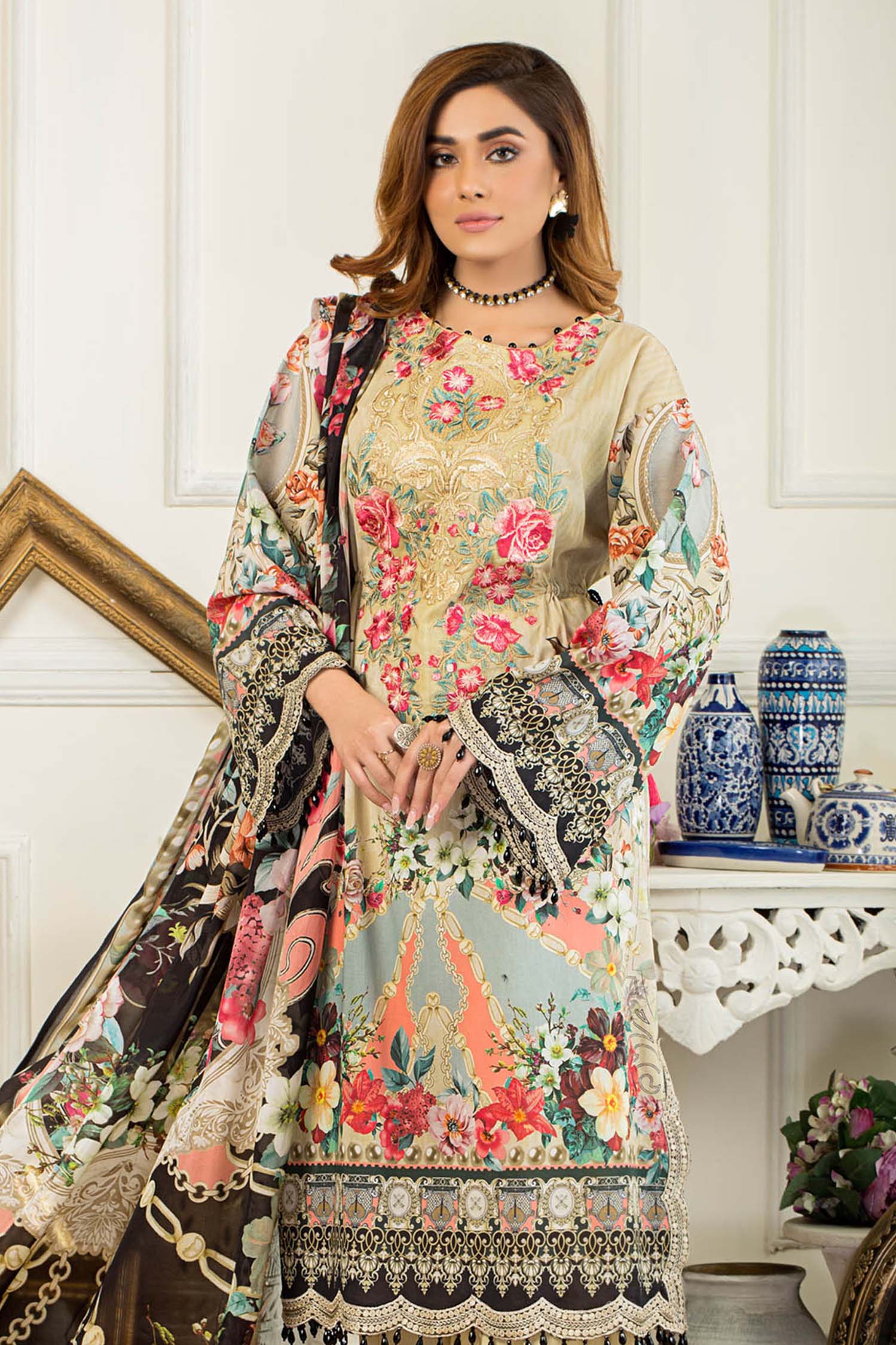 Desert Sand - Printed & Embroidered Swiss Lawn Stitched