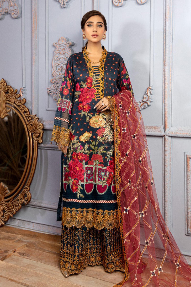 Rosa Dark - Digital Printed & Schiffli Embroidered Lawn 3PC