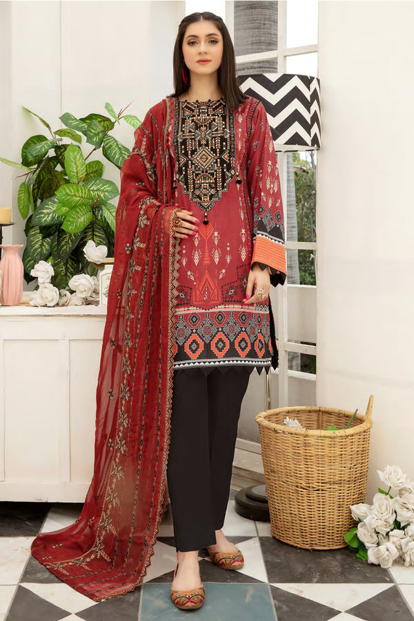 Red Phlox - Digital Printed and Embroidered Suvic Chiffon