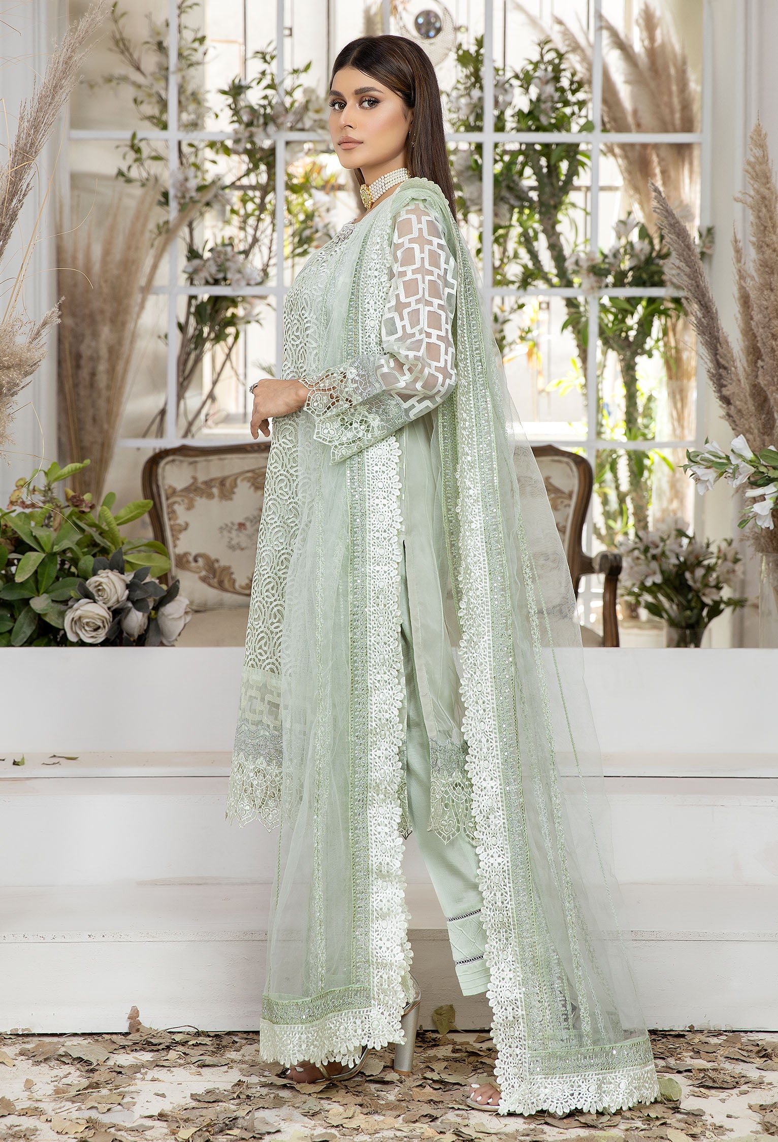 Aqua Haze - Embroidered Organza Pret