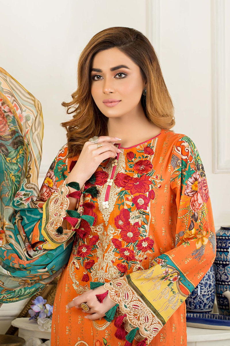 Yellowish Orange - Printed & Embroidered Swiss Lawn Stitched