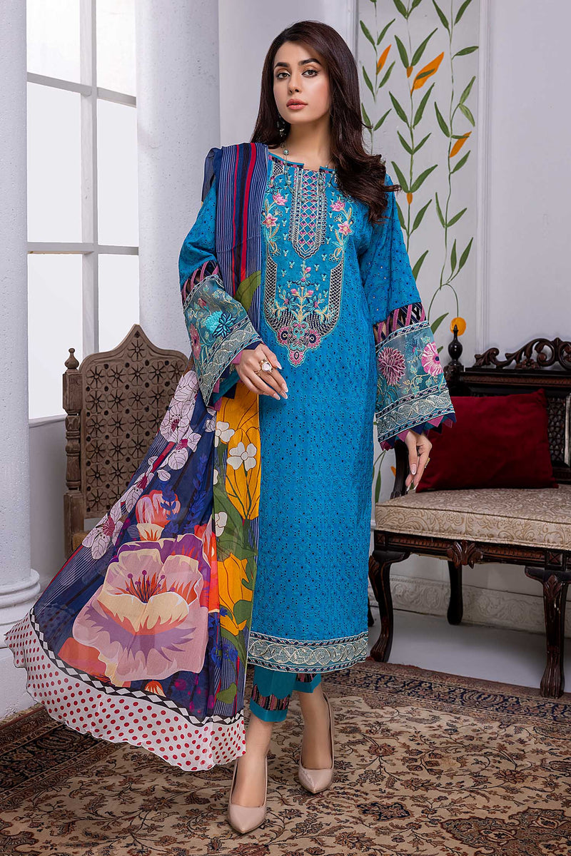 Water Blue - Chikankari Embroidered Lawn Stitched 3PC