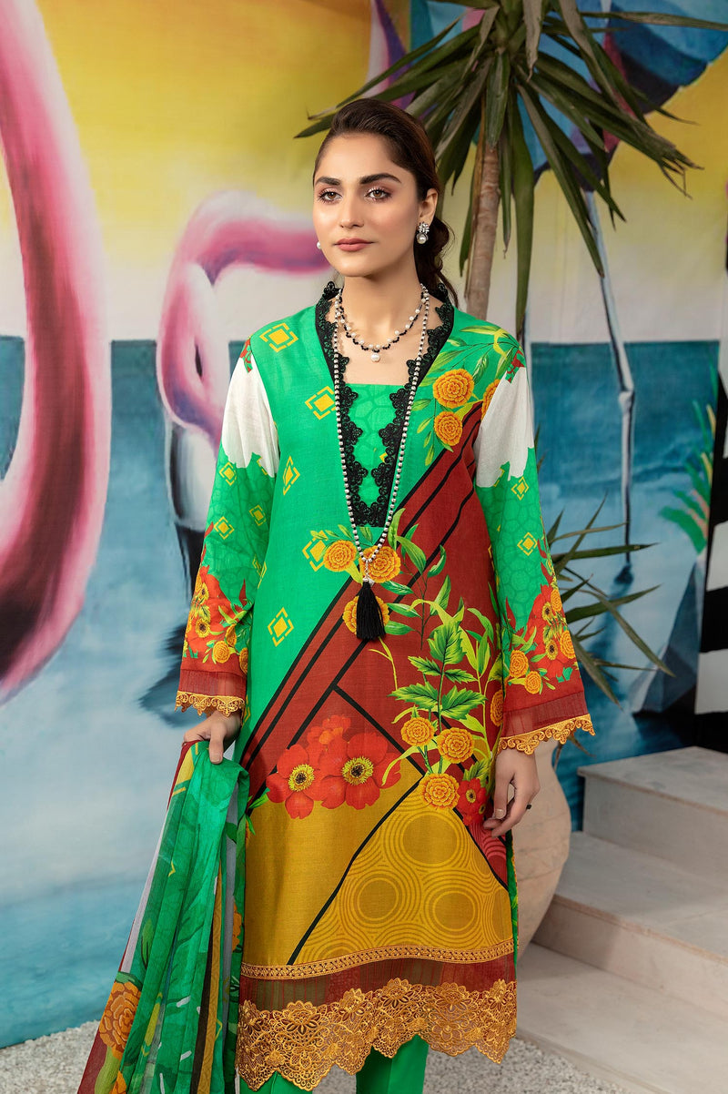 Caribbean Green - Printed & Embroidered Lawn 3PC
