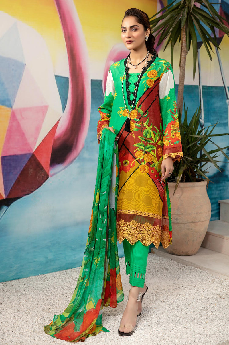 Caribbean Green - Printed & Embroidered Lawn 3PC