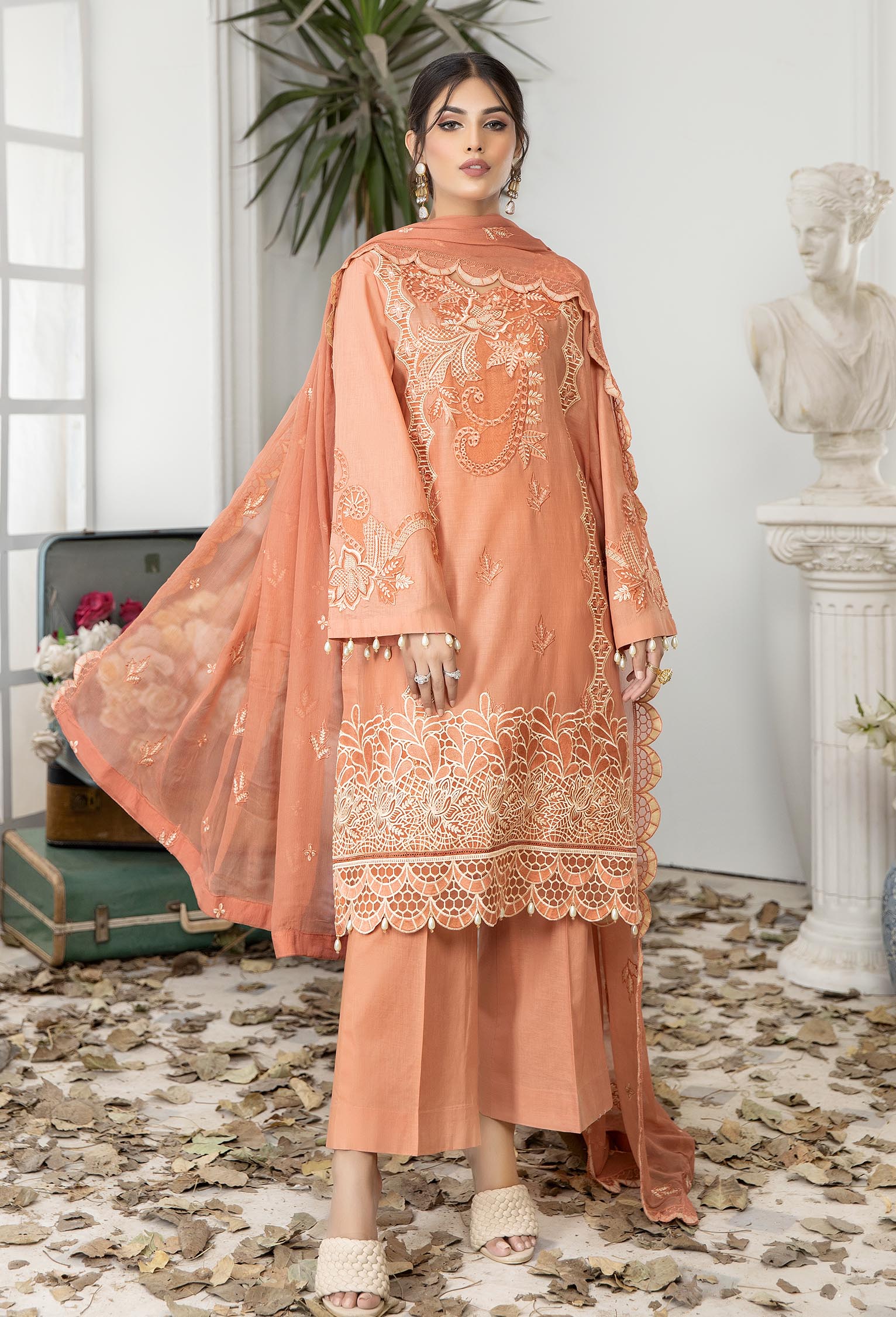 Vivid Tangerine - Embroidered Unstitched Lawn
