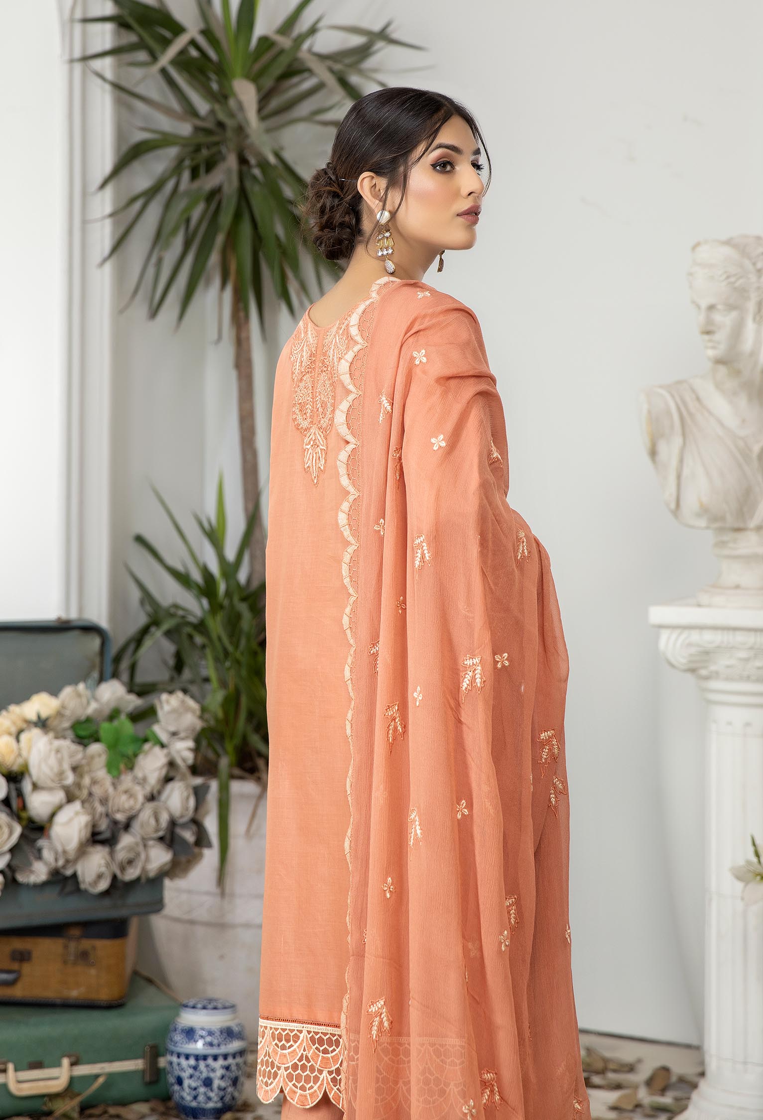 Vivid Tangerine - Embroidered Unstitched Lawn