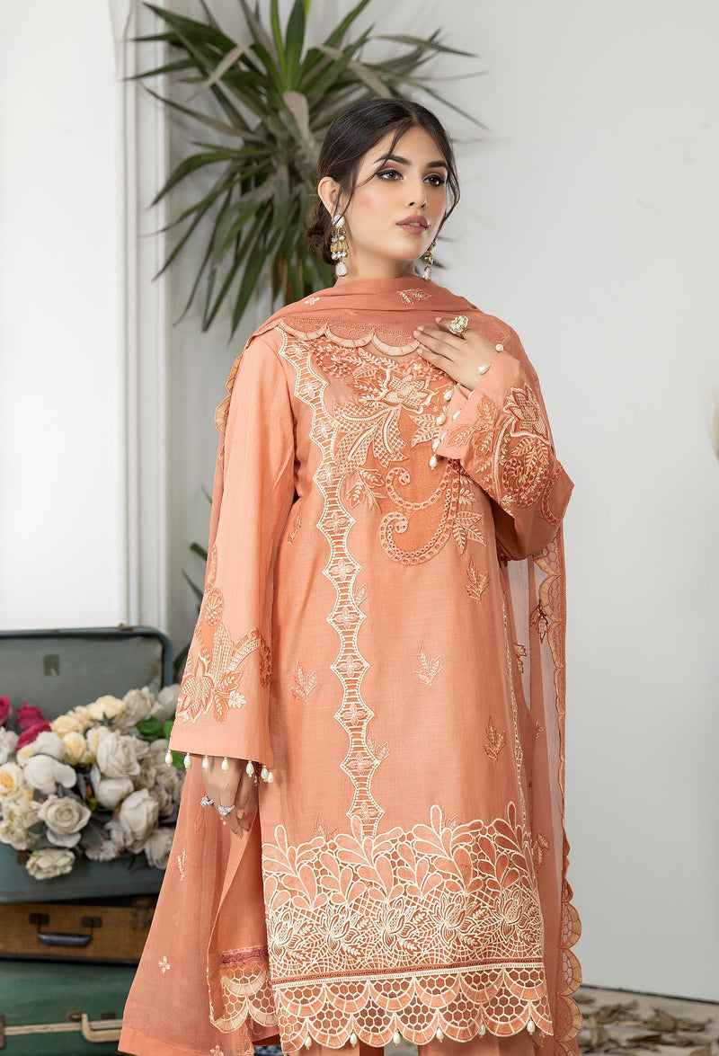 Vivid Tangerine - Embroidered Unstitched Lawn