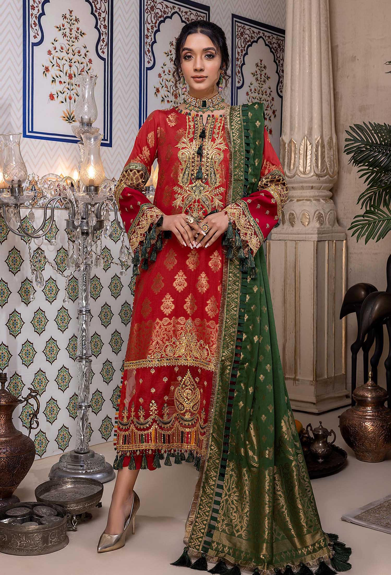 Red Bush - Schiffli Embroidered Jacquard Lawn 3PC