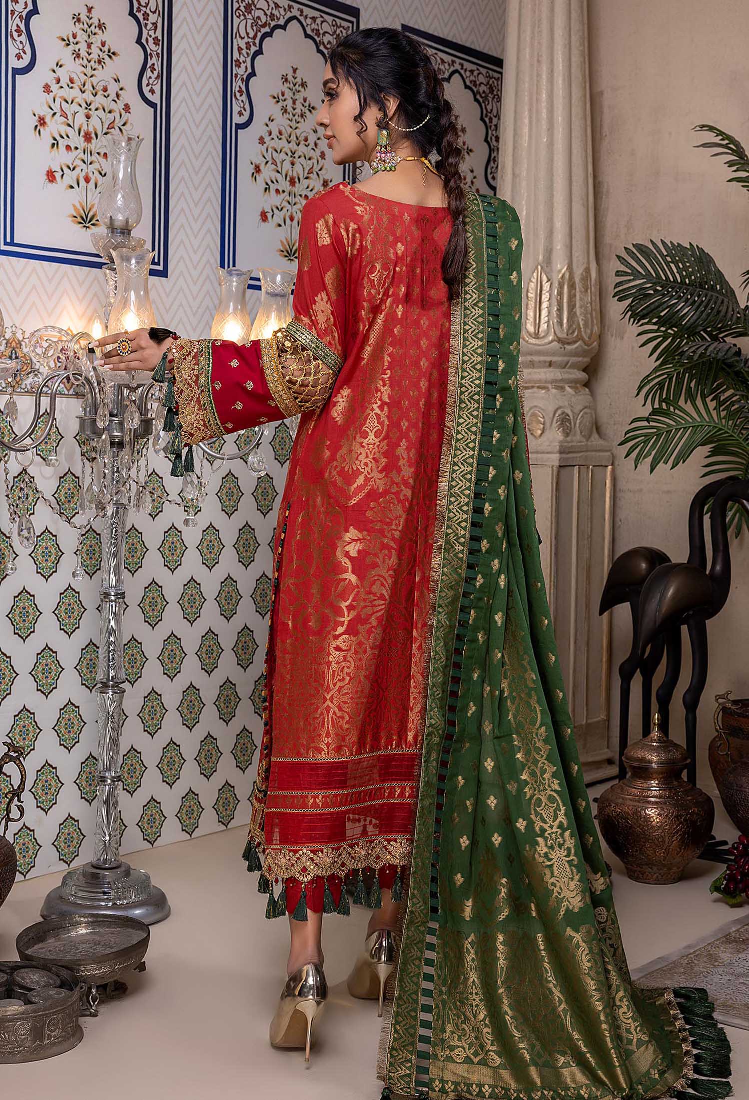 Red Bush - Schiffli Embroidered Jacquard Lawn 3PC