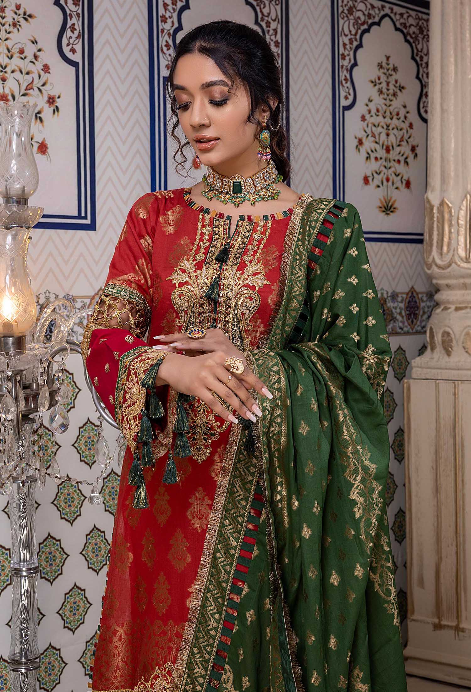 Red Bush - Schiffli Embroidered Jacquard Lawn 3PC