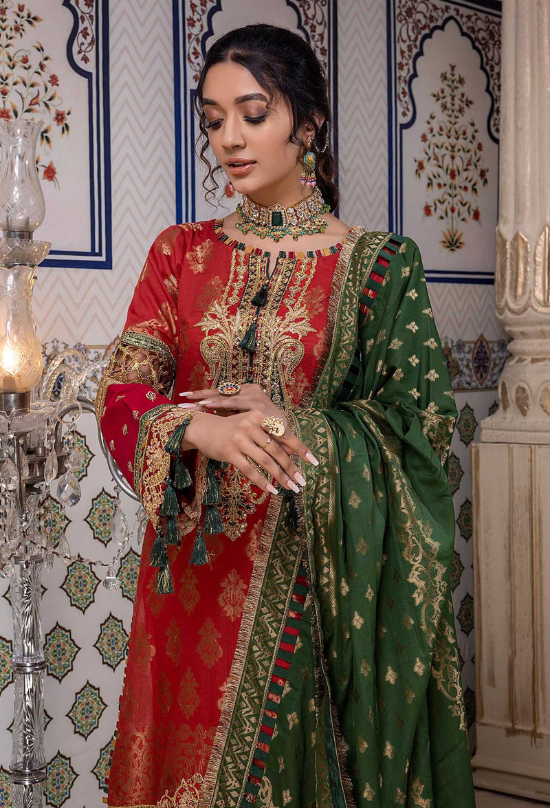 Red Bush - Schiffli Embroidered Jacquard Lawn 3PC