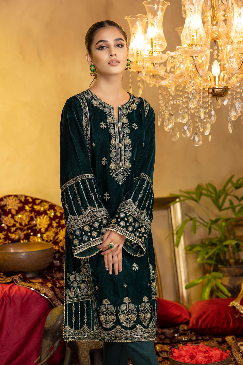 Razzle Green - Embroidered Velvet Stitched 2PC