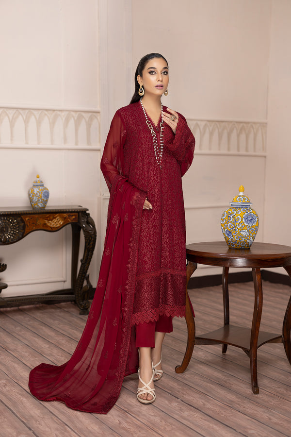 Zel Wine - Embroidered Chiffon Pret 3PC