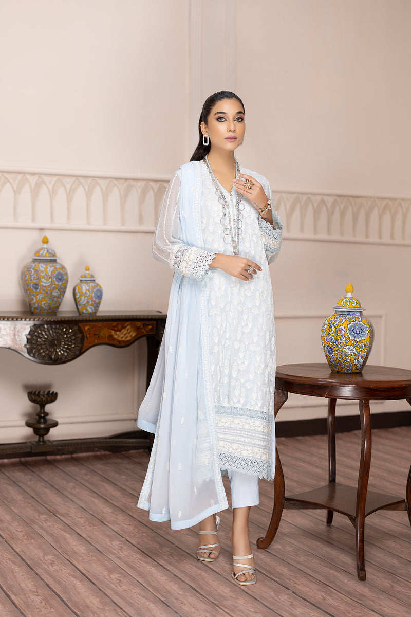 Sky Aqua - Embroidered Chiffon Pret 3PC