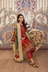 Cherry Red - Printed & Embroidered Lawn Pret 3PC
