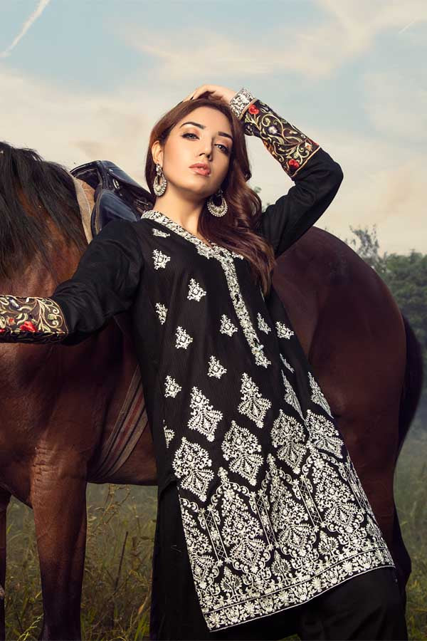 Achromatic Black - Premium Embroidered Jacquard Unstiched Lawn Kurti