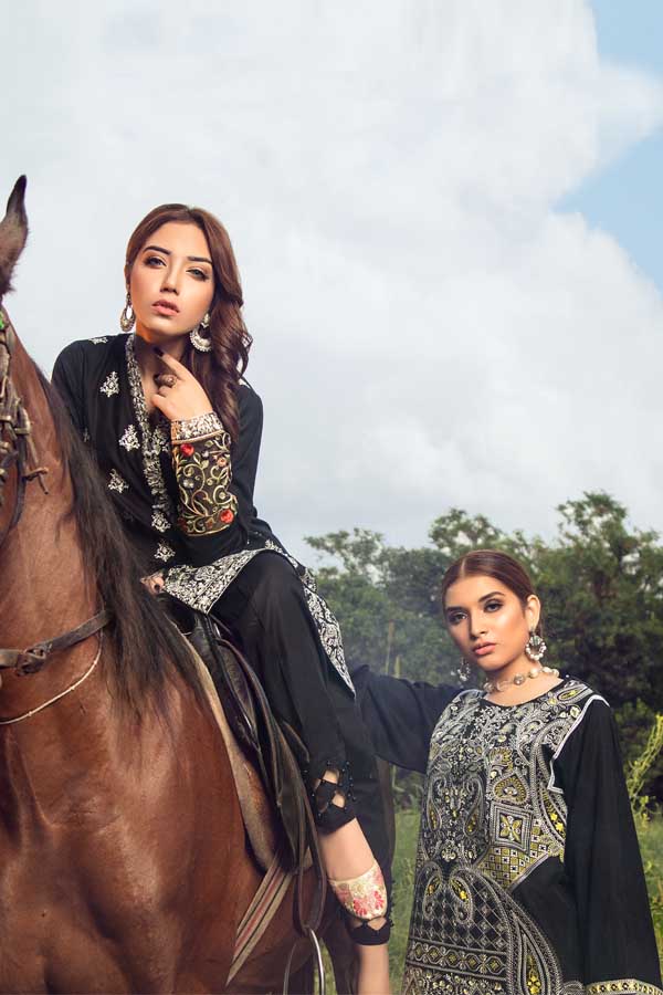 Achromatic Black - Premium Embroidered Jacquard Unstiched Lawn Kurti
