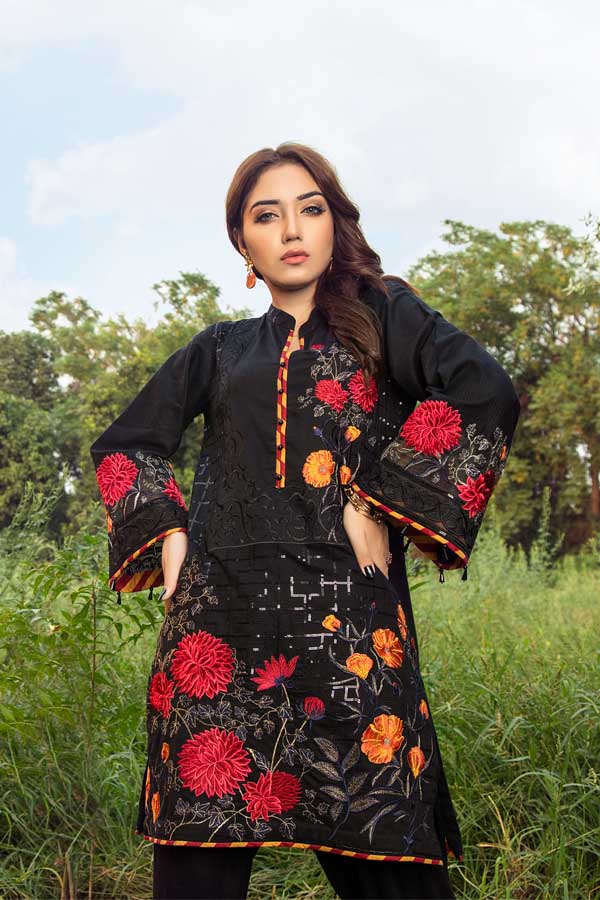 Blooming Black - Premium Embroidered Jacquard Unstiched Lawn Kurti