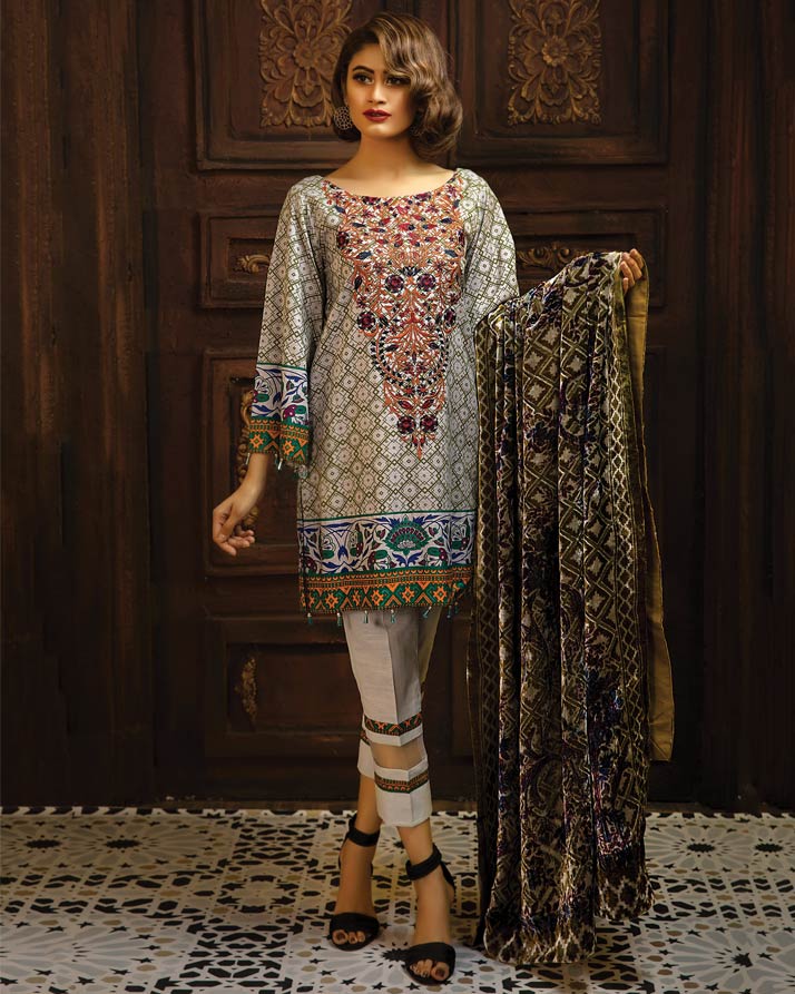 ALMOND - Printed & Embroidered Khaddar With Plush Shawl