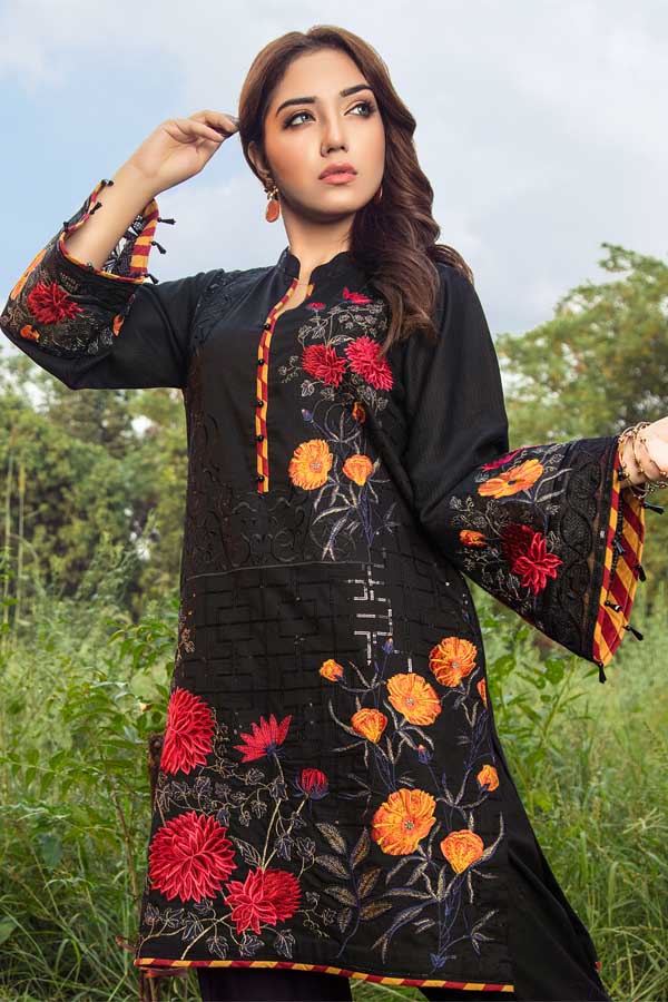 Blooming Black - Premium Embroidered Jacquard Unstiched Lawn Kurti