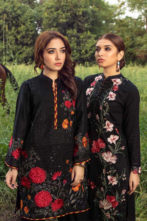 Blooming Black - Premium Embroidered Jacquard Unstiched Lawn Kurti