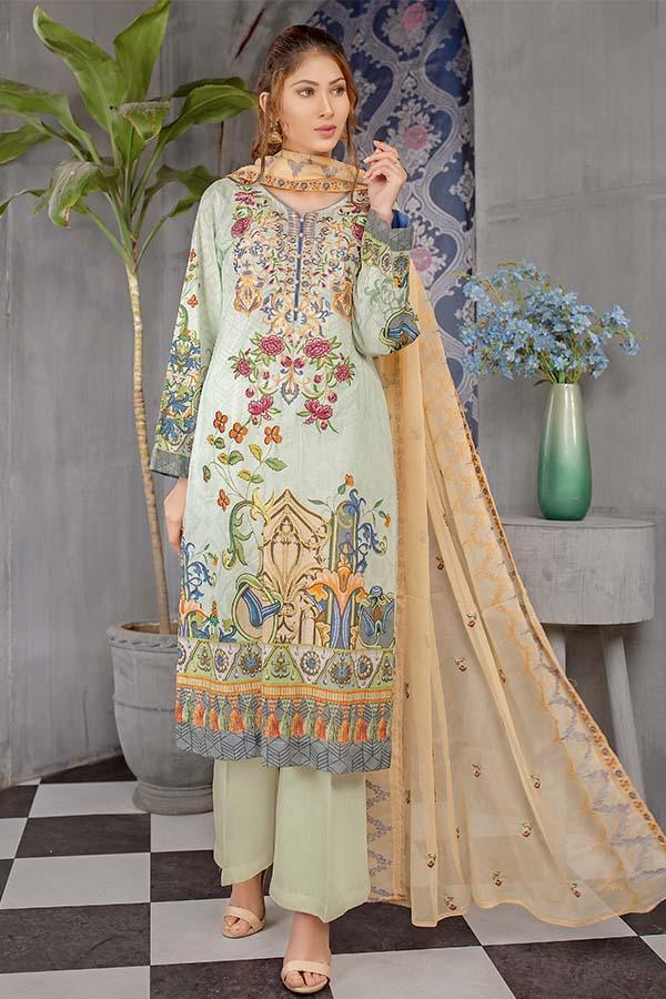 Pastachio - Digital Printed Embroidered Lawn With Chiffon Dupatta