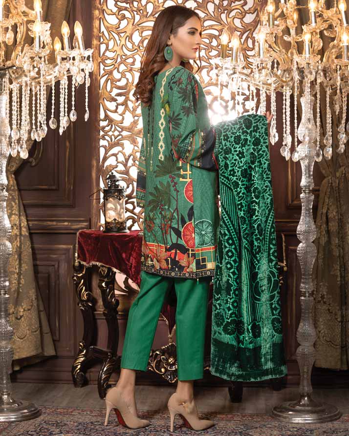 Aqua Forest -Printed & Embroidered Khaddar With Plush Shawl