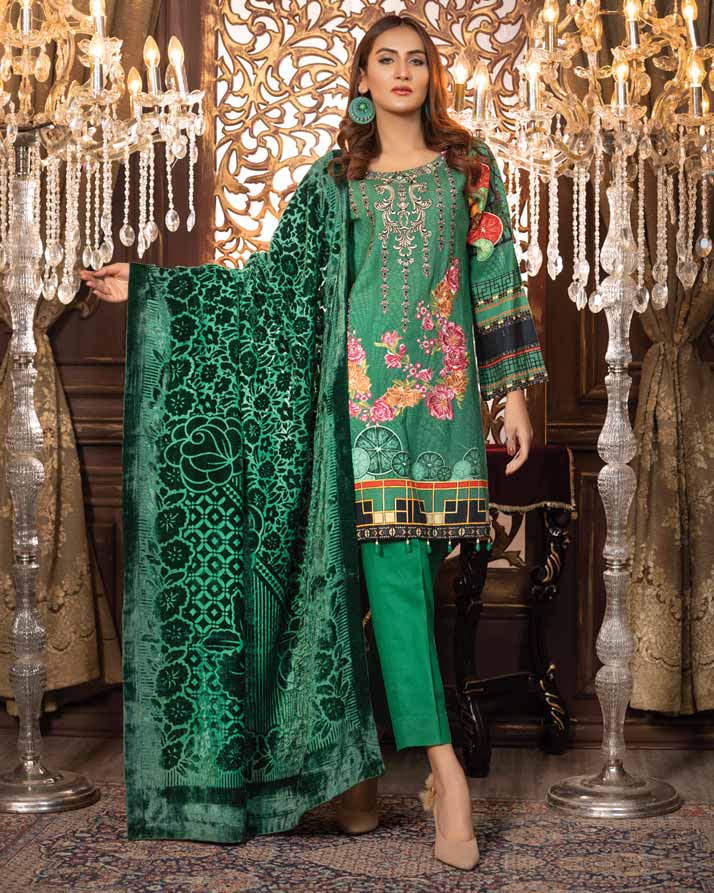 Aqua Forest -Printed & Embroidered Khaddar With Plush Shawl