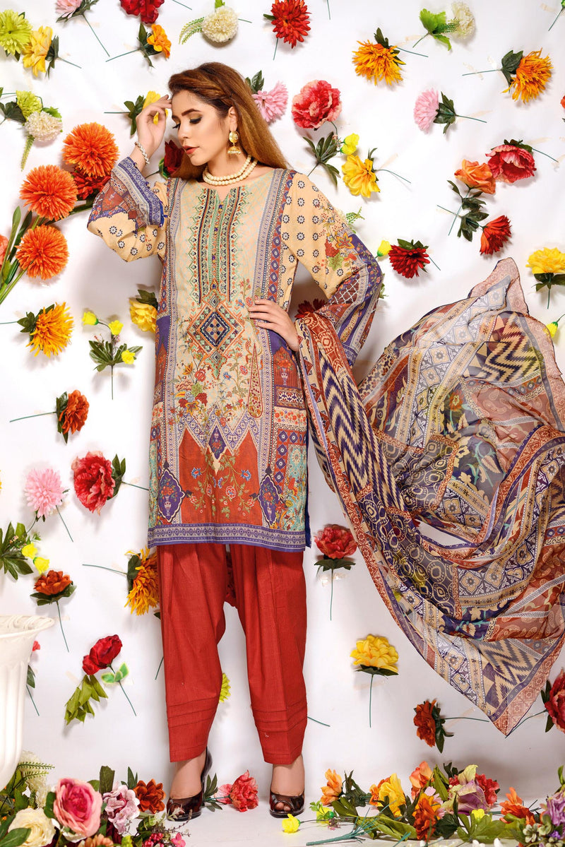 Tinley - Digital Printed and Embroidered Lawn 3PC