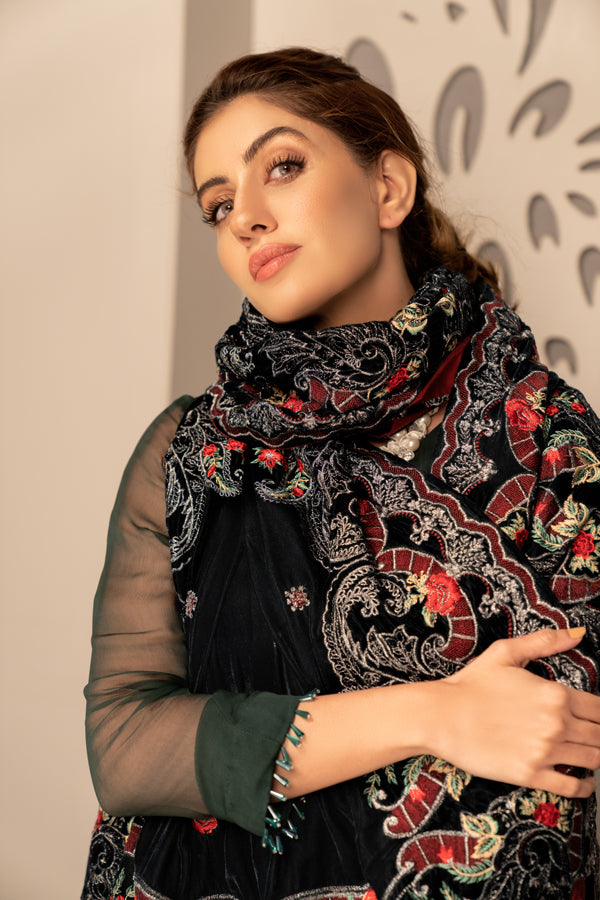 Azure - Embroidered Velvet Shawl