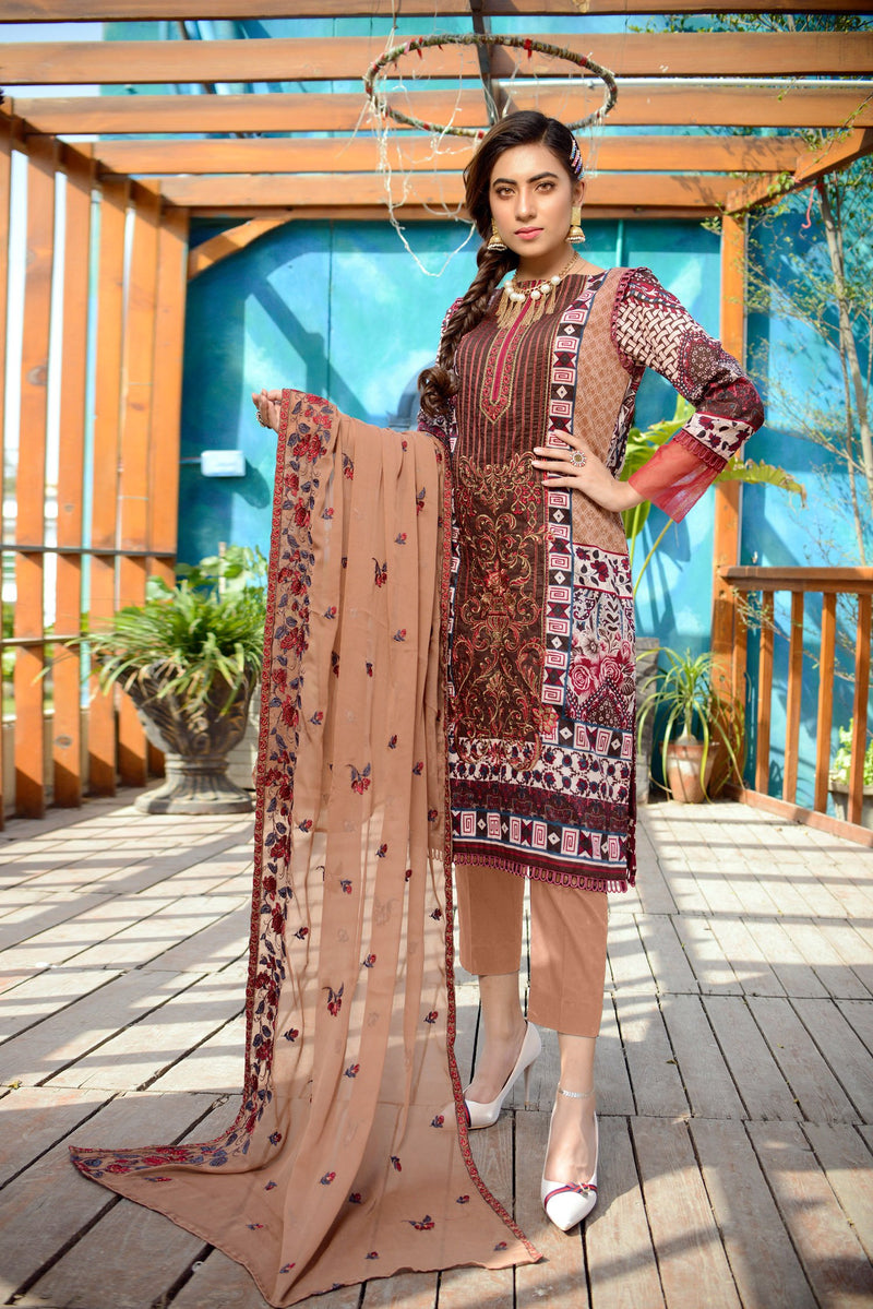 Beige - Printed and Embroidered Lawn 3PC
