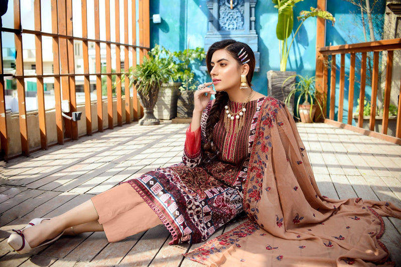 Beige - Printed and Embroidered Lawn 3PC