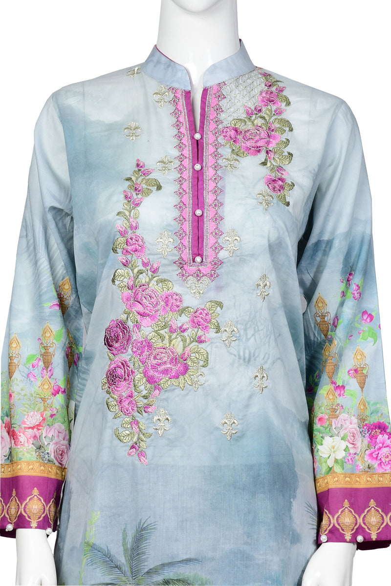 Rose Blue - Digital Embroidered Stitched Lawn Kurti