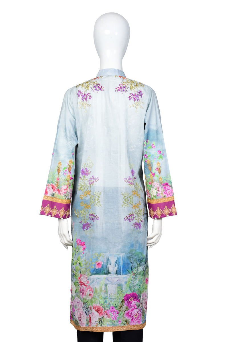 Rose Blue - Digital Embroidered Stitched Lawn Kurti