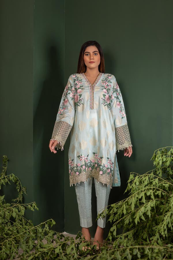 Powder Blue - Jacquard Embroidered Unstitch 2 Piece