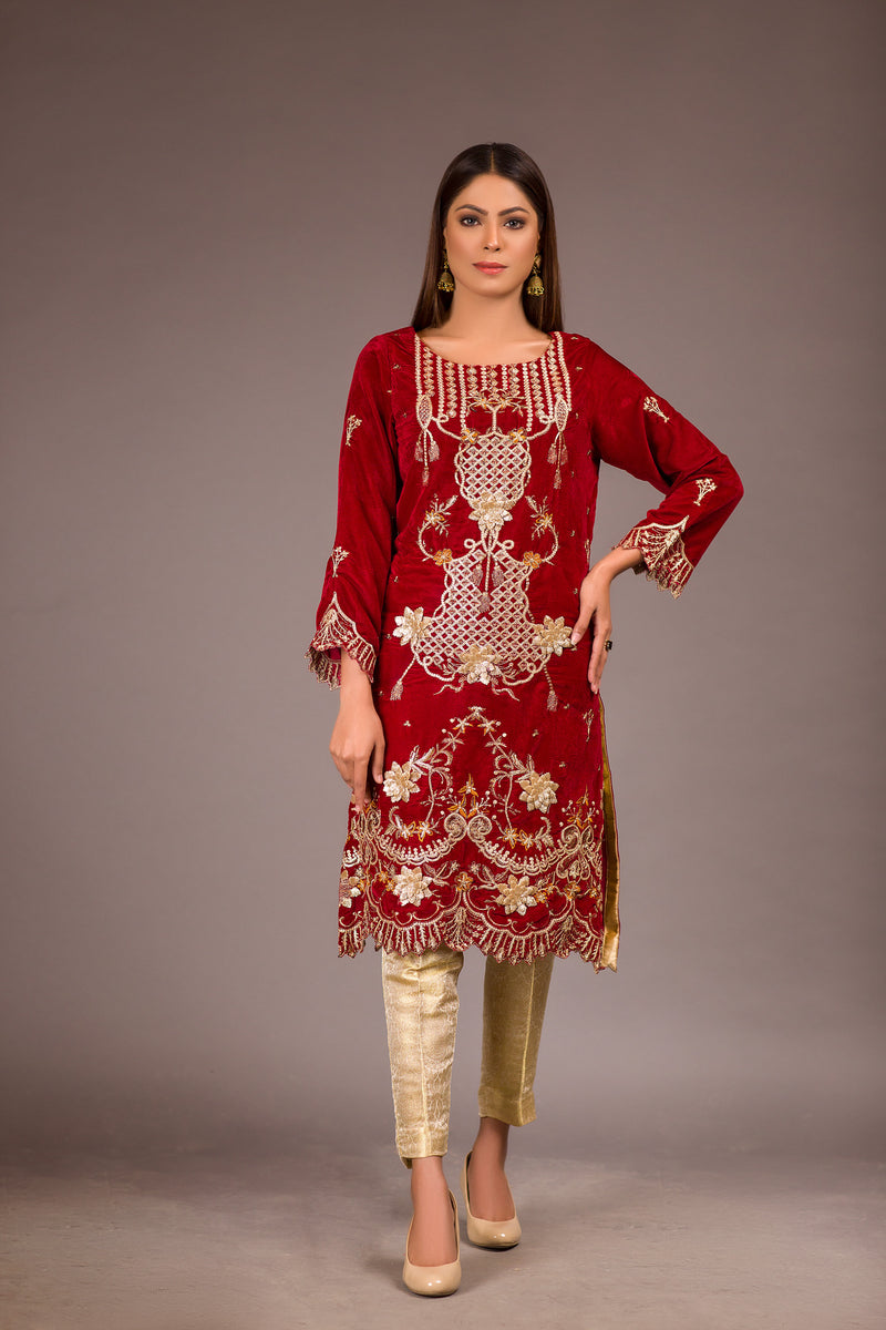 Swirt - Embroidered Velvet Unstitch Kurti