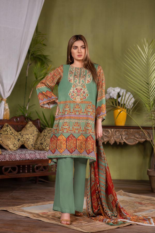CHARMING GREEN – DIGITAL EMBROIDERED LAWN(UNSTITCH)